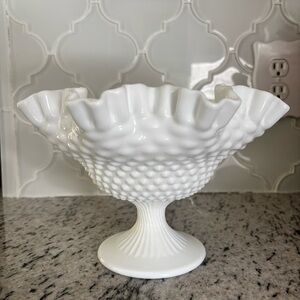 Vintage Fenton White Milk Glass Pedestal Bowl 6.75" Hobnail Ruffled Rim Vase